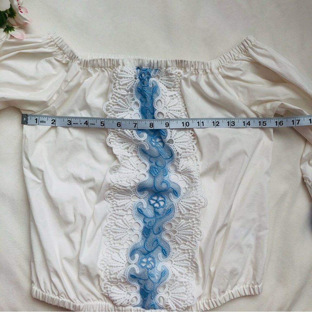 White Off-Shoulder Crop Top with Blue Lace Trim • Express Size XS - Picture 10 of 11